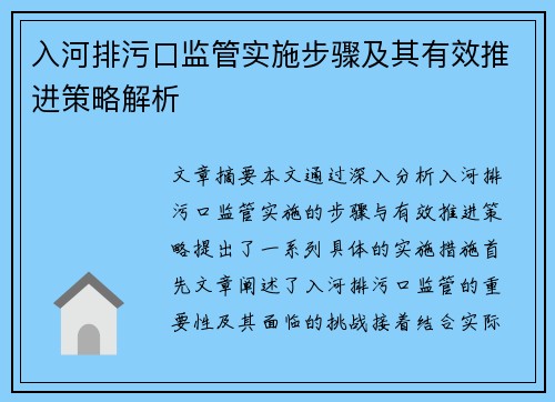 入河排污口监管实施步骤及其有效推进策略解析