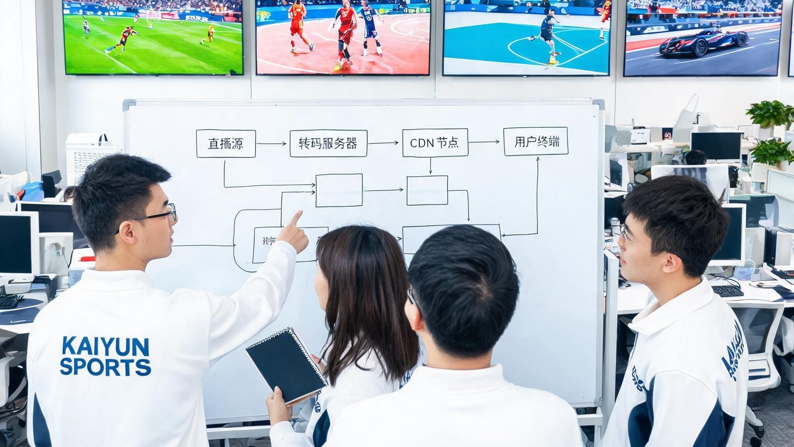 开云体育团队在开放式办公室中讨论，白板上画着流媒体架构图，墙上挂着多块赛事直播屏幕