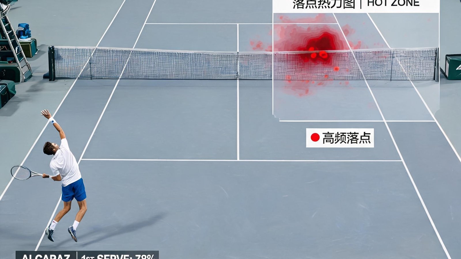 网球比赛直播画面，发球速度、落点热力图等数据实时叠加在屏幕上