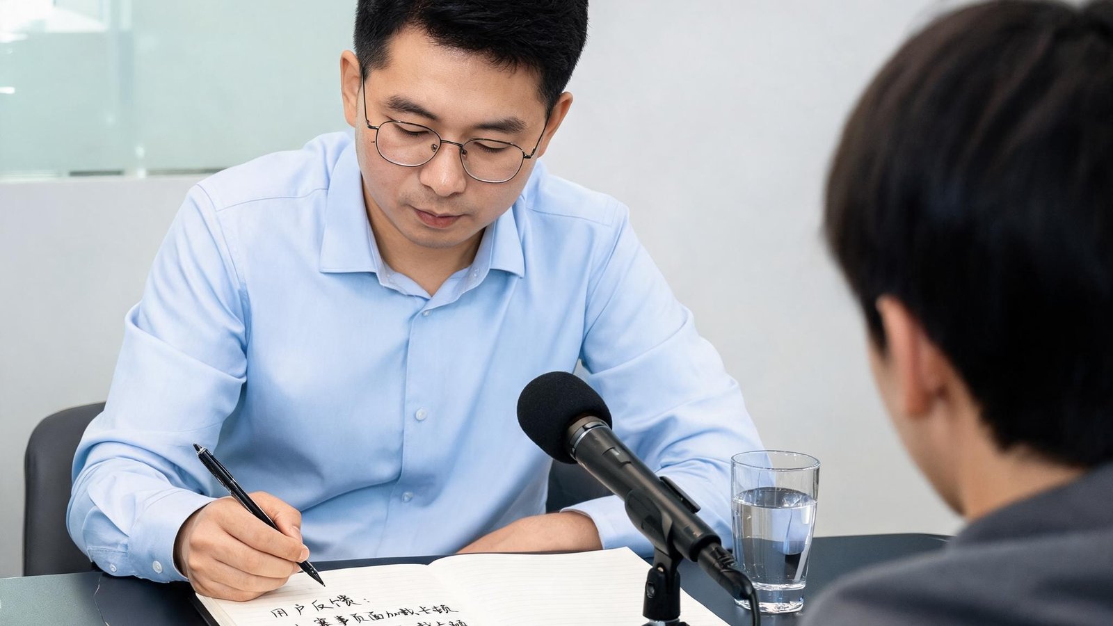 开云体育产品负责人林嘉在用户访谈现场，笔记本上记录反馈